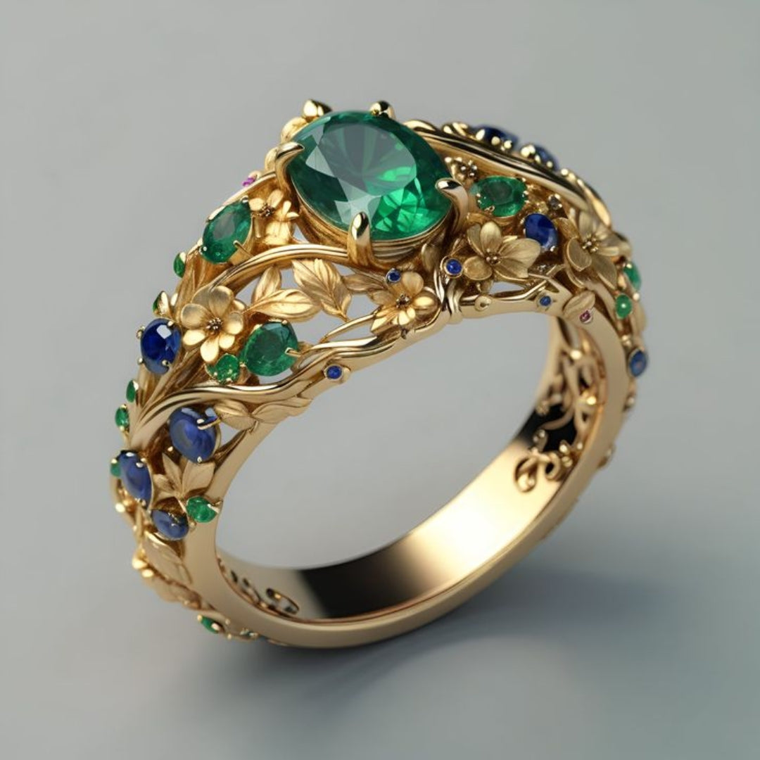 Anello in Oro con Cristalli Verdi e Blu