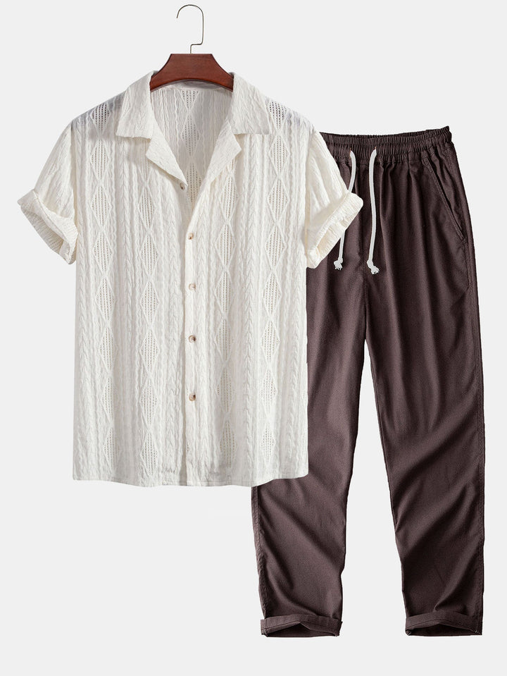 Camicia cubana in jacquard geometrico e pantaloni in lino a gamba dritta