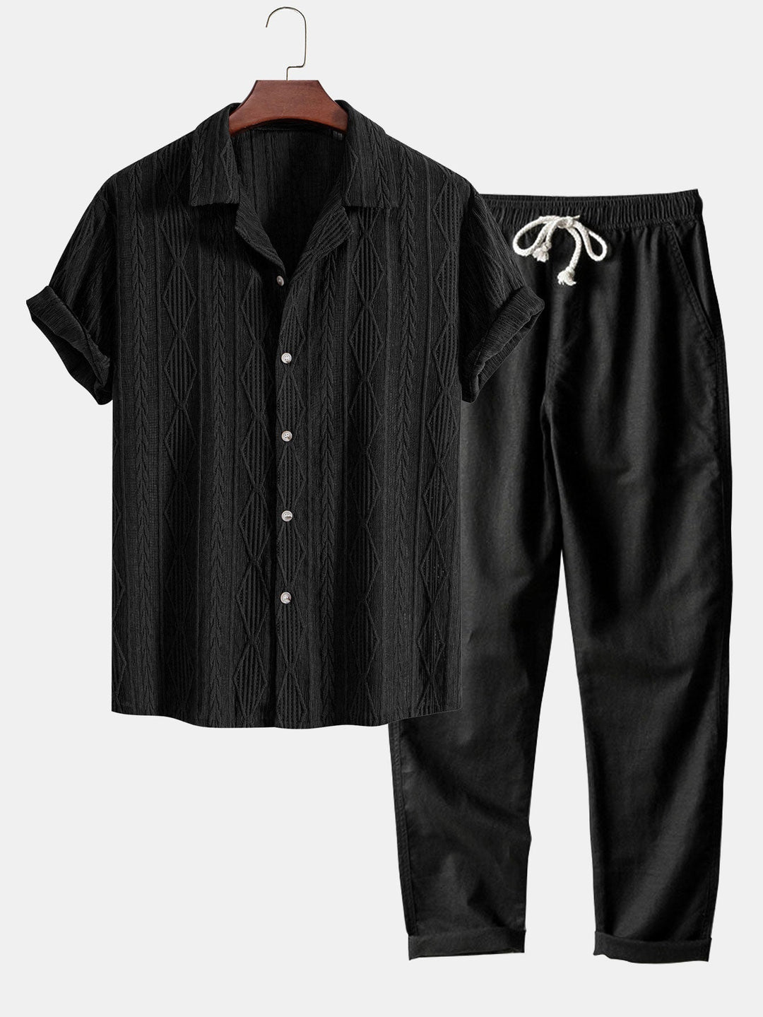 Camicia cubana in jacquard geometrico e pantaloni in lino a gamba dritta