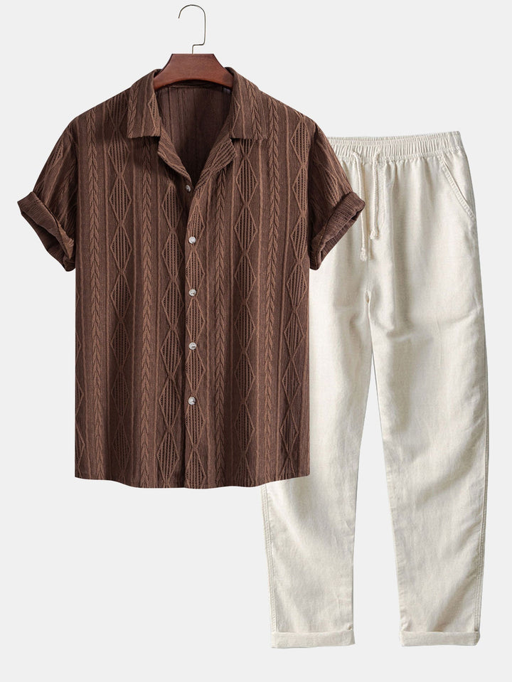 Camicia cubana in jacquard geometrico e pantaloni in lino a gamba dritta