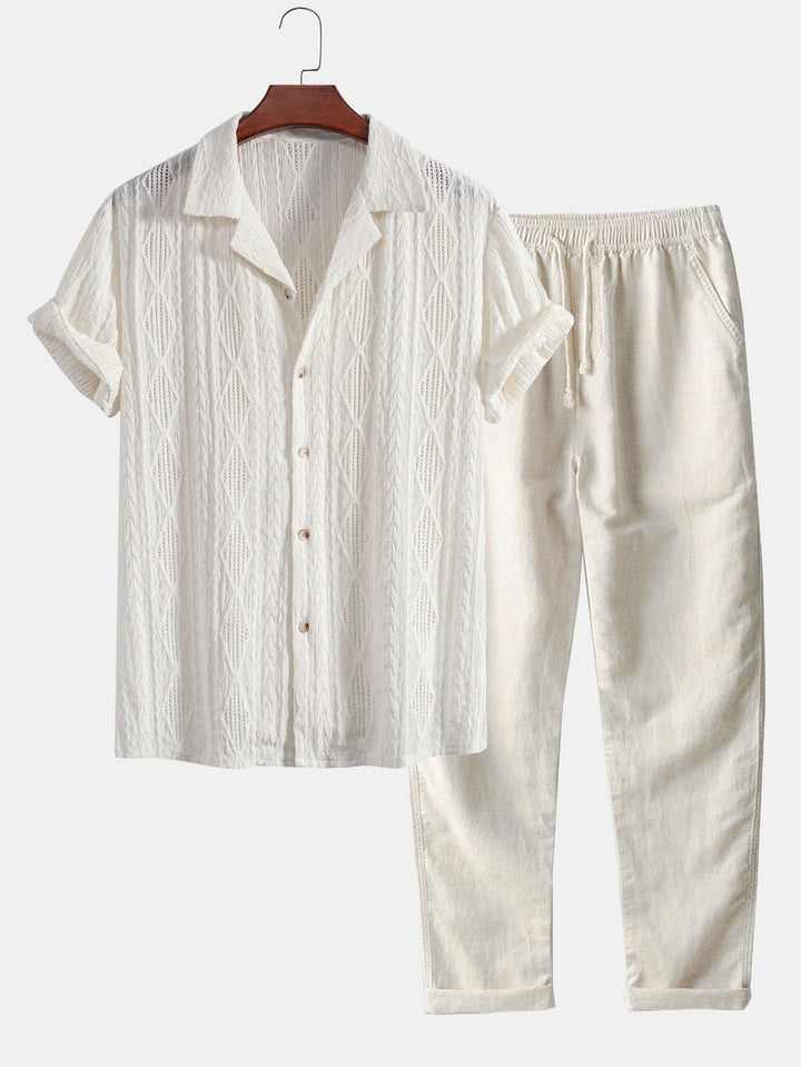 Camicia cubana in jacquard geometrico e pantaloni in lino a gamba dritta