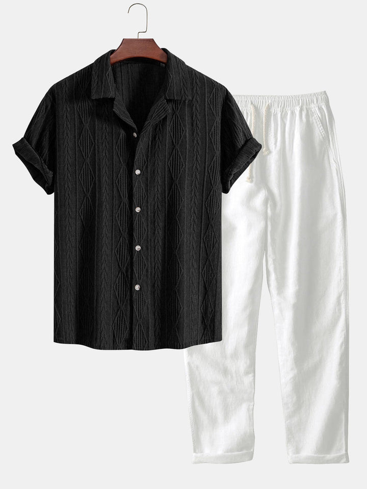 Camicia cubana in jacquard geometrico e pantaloni in lino a gamba dritta