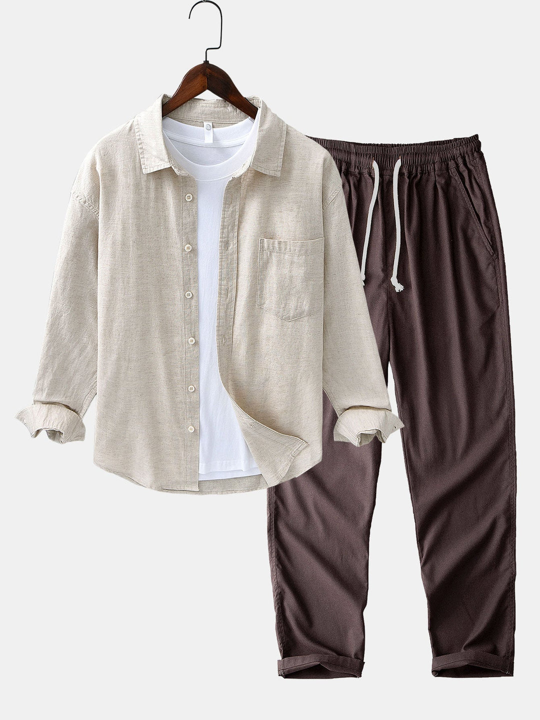 Camicia in lino e cotone a maniche lunghe con tasca & pantaloni in lino a gamba dritta