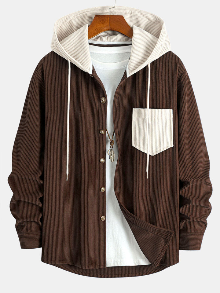 Camicia a maniche lunghe in velluto a coste con cappuccio contrastante