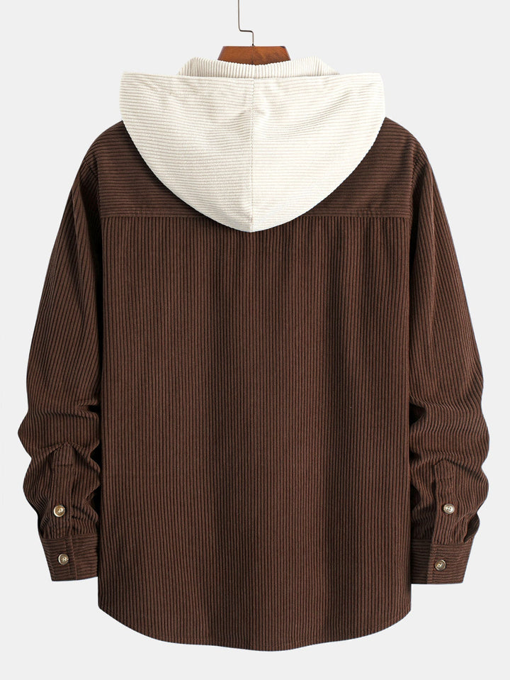 Camicia a maniche lunghe in velluto a coste con cappuccio contrastante