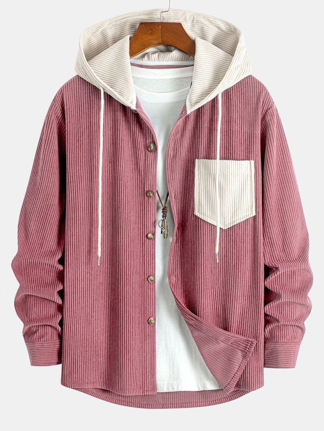 Camicia a maniche lunghe in velluto a coste con cappuccio contrastante