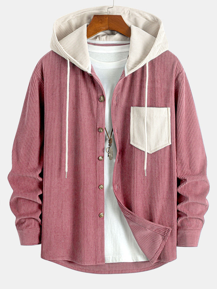 Camicia a maniche lunghe in velluto a coste con cappuccio contrastante