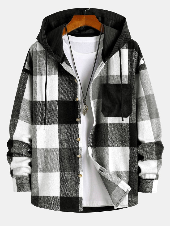 Camicia a maniche lunghe patchwork in flanella a quadri con cappuccio e pantaloni dritti in velluto a coste