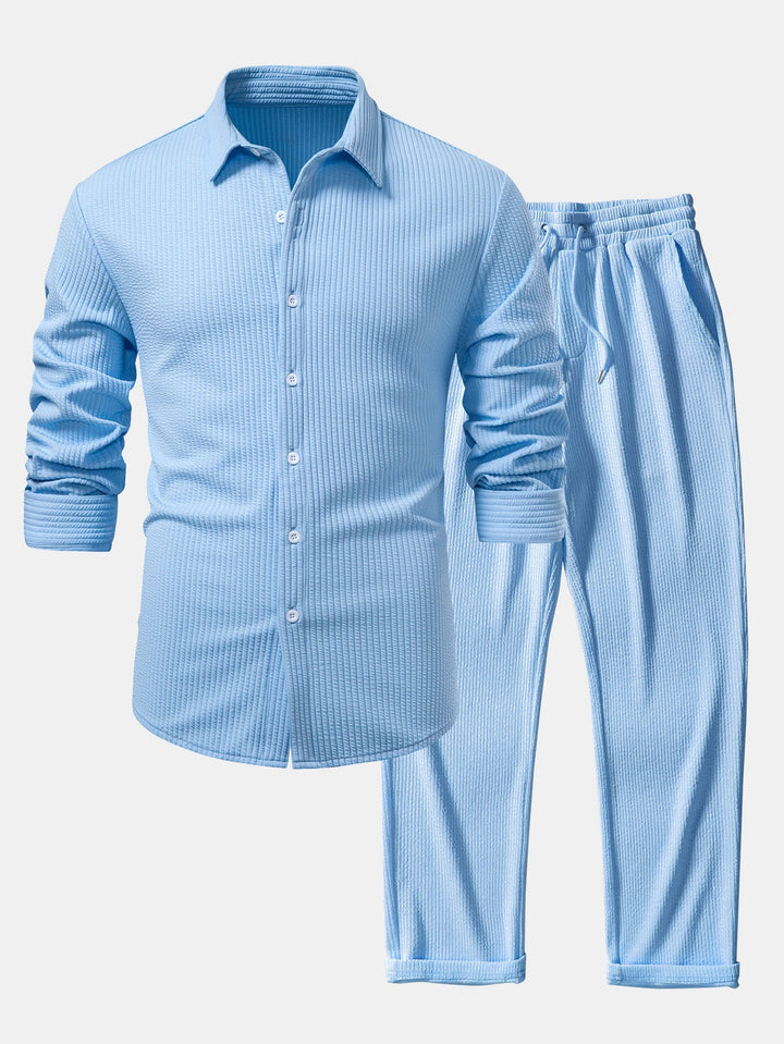 Chemise côtelée à manches longues, ajustée muscle, boutonnée & pantalon côtelé à jambe droite