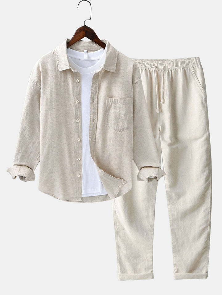 Camicia in lino e cotone a maniche lunghe con tasca & pantaloni in lino a gamba dritta