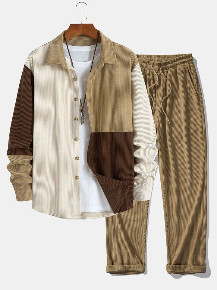 Camicia button-down in velluto a coste colorblock e pantaloni dritti in velluto a coste
