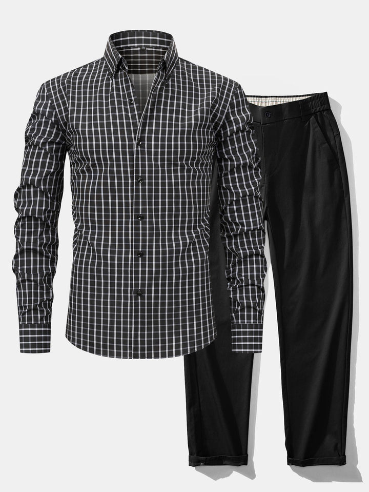 Camicia a quadri a maniche lunghe con bottoni & Pantaloni dritti con vita elastica