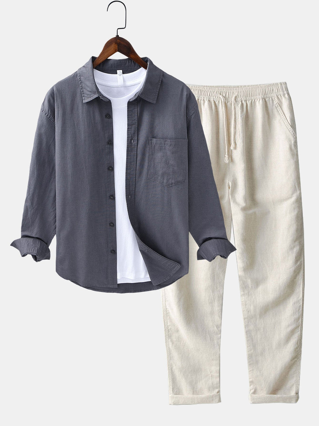 Camicia in lino e cotone a maniche lunghe con tasca & pantaloni in lino a gamba dritta