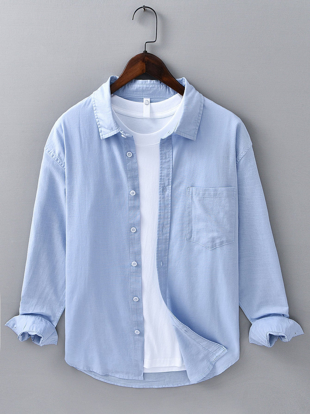 Camicia in lino e cotone a maniche lunghe con tasca & pantaloni in lino a gamba dritta