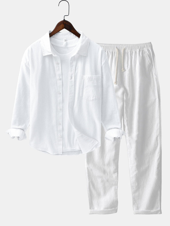 Camicia in lino e cotone a maniche lunghe con tasca & pantaloni in lino a gamba dritta