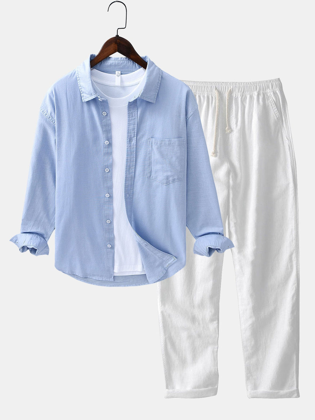 Camicia in lino e cotone a maniche lunghe con tasca & pantaloni in lino a gamba dritta