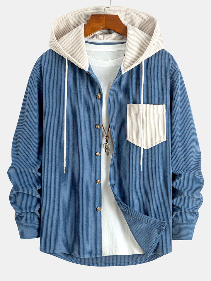 Camicia a maniche lunghe in velluto a coste con cappuccio contrastante