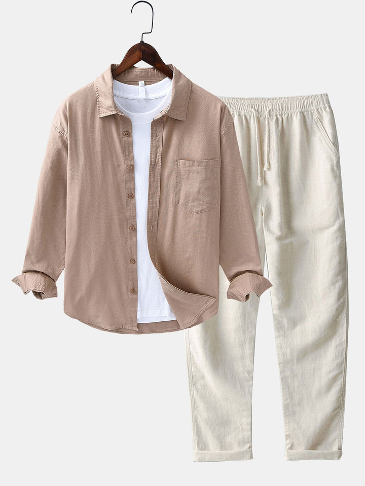 Camicia in lino e cotone a maniche lunghe con tasca & pantaloni in lino a gamba dritta