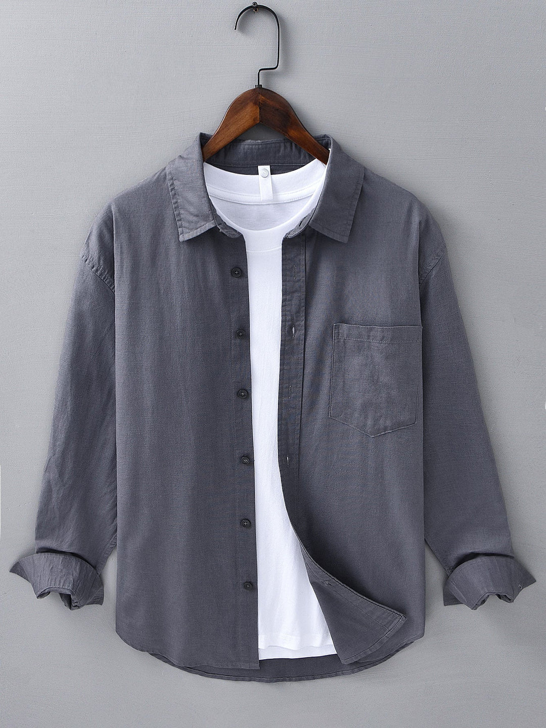 Camicia in lino e cotone a maniche lunghe con tasca & pantaloni in lino a gamba dritta