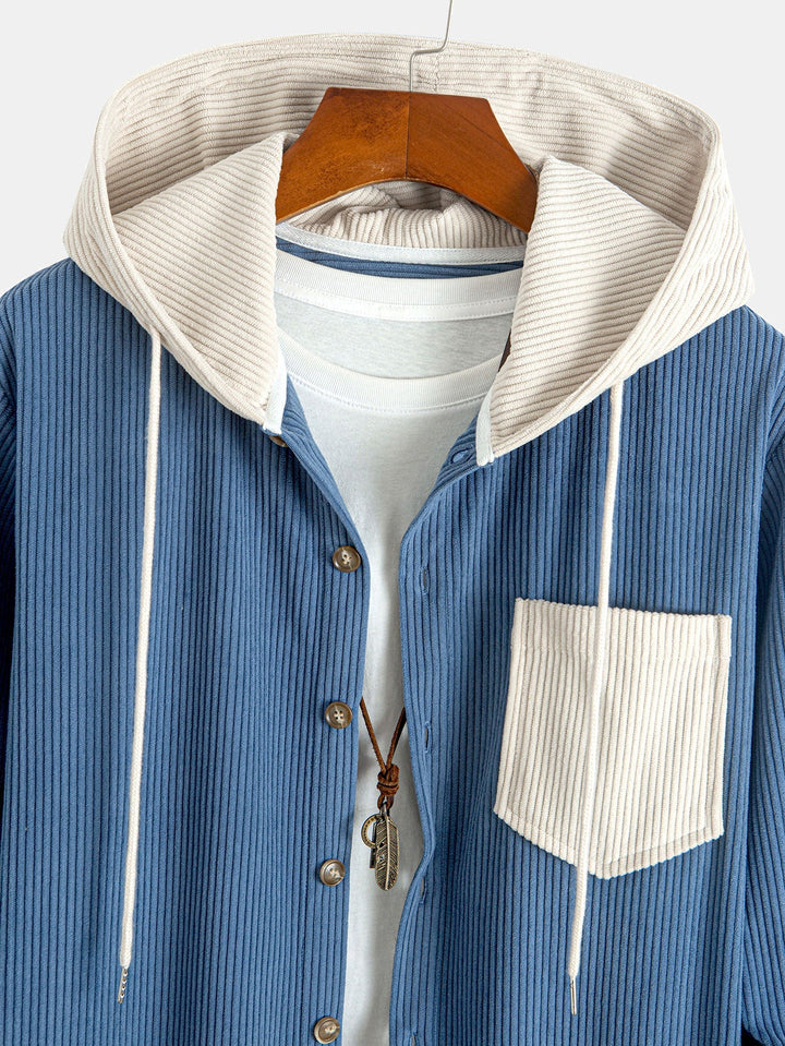 Camicia a maniche lunghe in velluto a coste con cappuccio contrastante