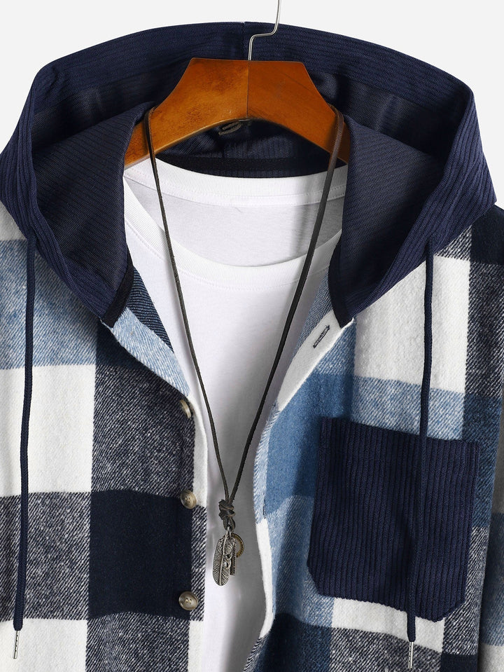 Camicia a maniche lunghe patchwork in flanella a quadri con cappuccio e pantaloni dritti in velluto a coste