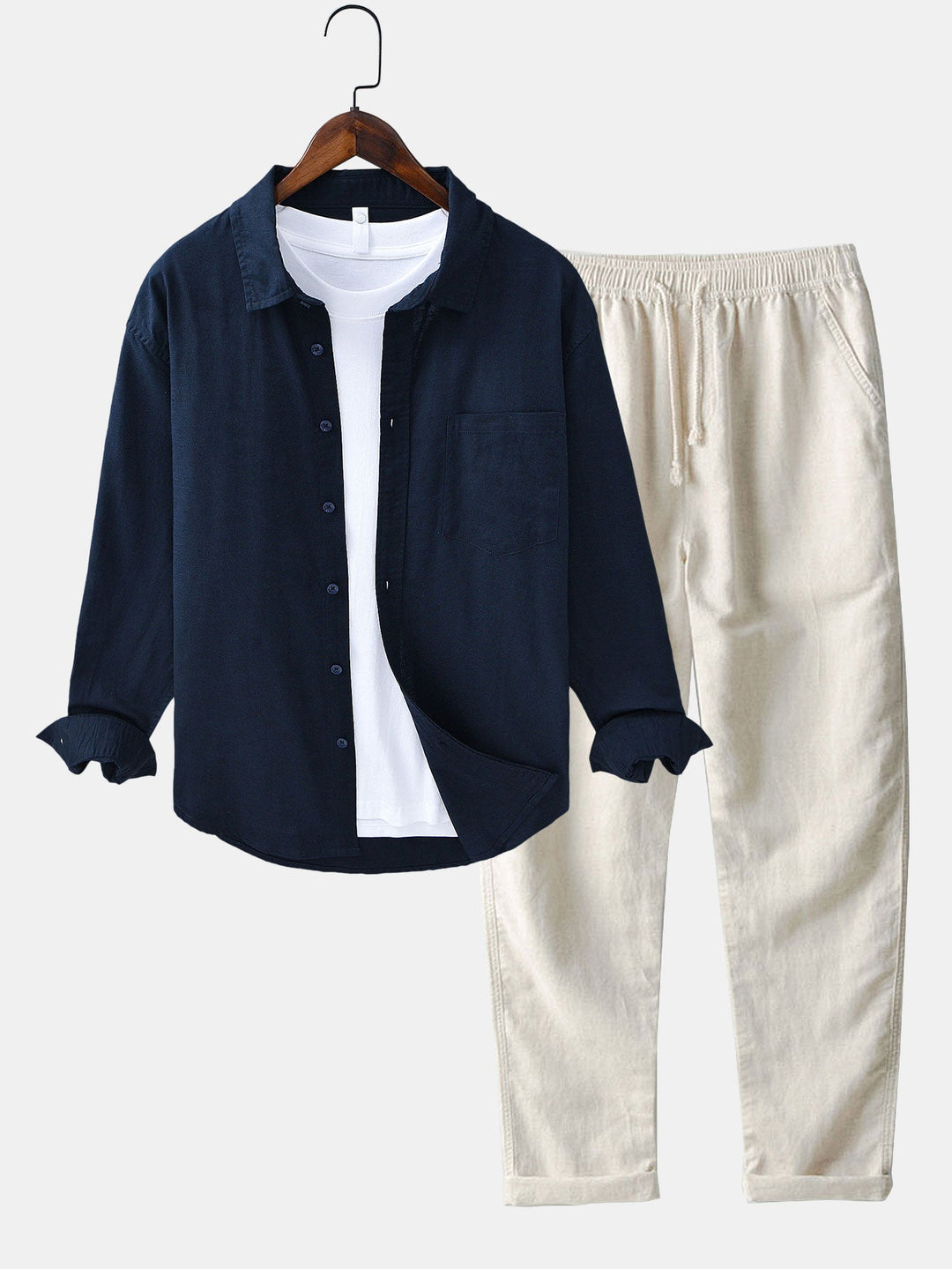 Camicia in lino e cotone a maniche lunghe con tasca & pantaloni in lino a gamba dritta