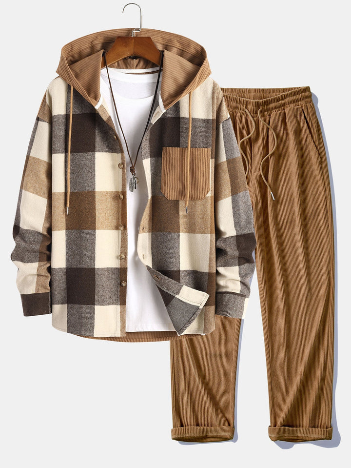 Camicia a maniche lunghe patchwork in flanella a quadri con cappuccio e pantaloni dritti in velluto a coste