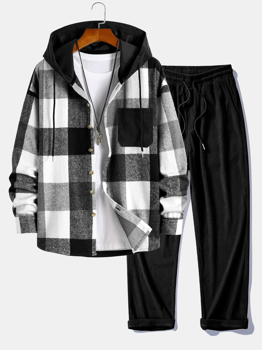 Camicia a maniche lunghe patchwork in flanella a quadri con cappuccio e pantaloni dritti in velluto a coste