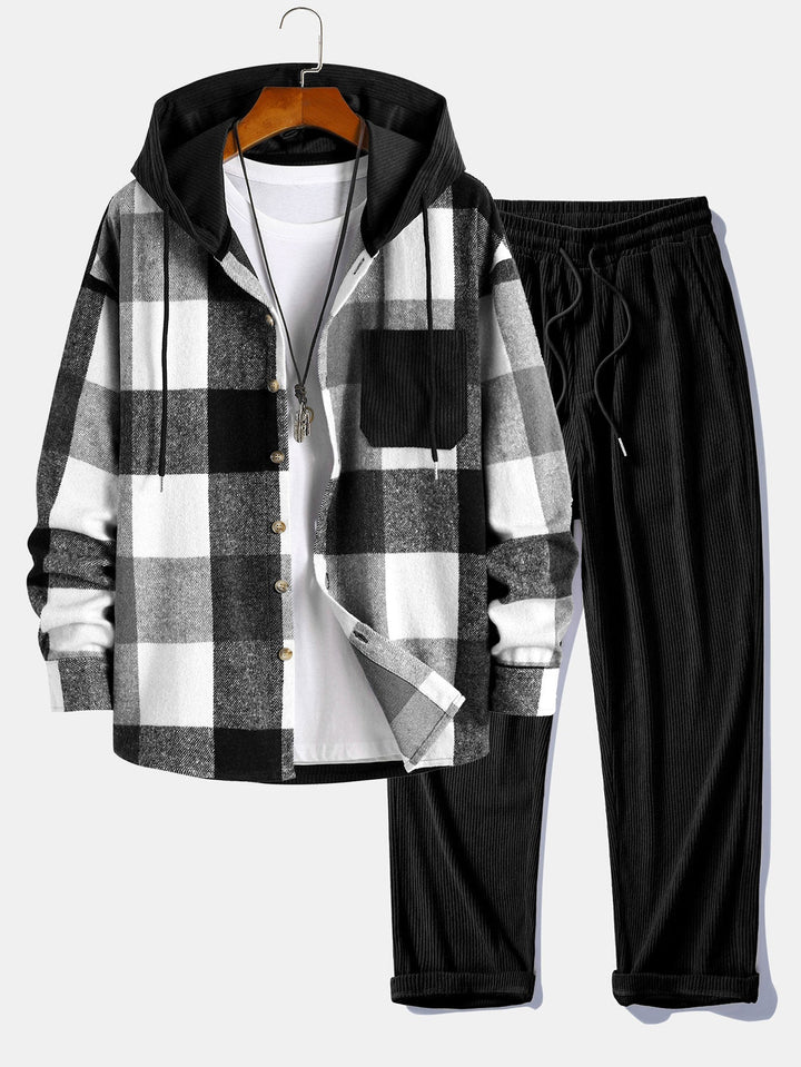 Camicia a maniche lunghe patchwork in flanella a quadri con cappuccio e pantaloni dritti in velluto a coste