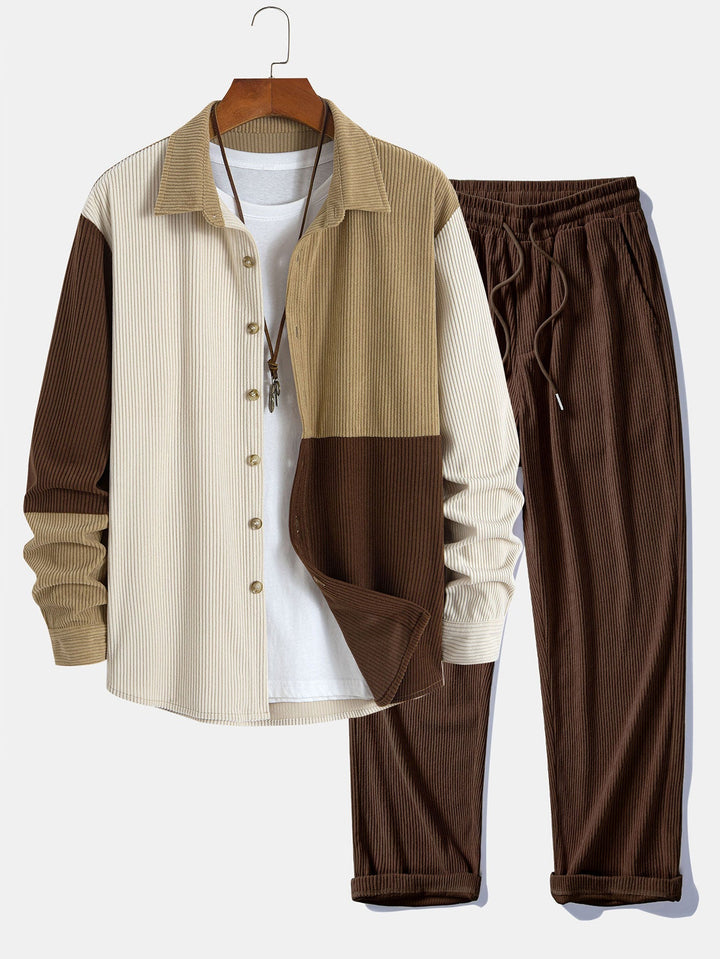 Camicia button-down in velluto a coste colorblock e pantaloni dritti in velluto a coste