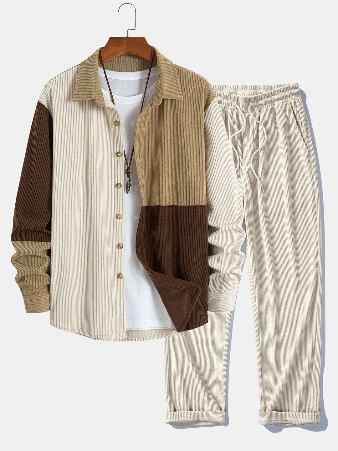 Camicia button-down in velluto a coste colorblock e pantaloni dritti in velluto a coste