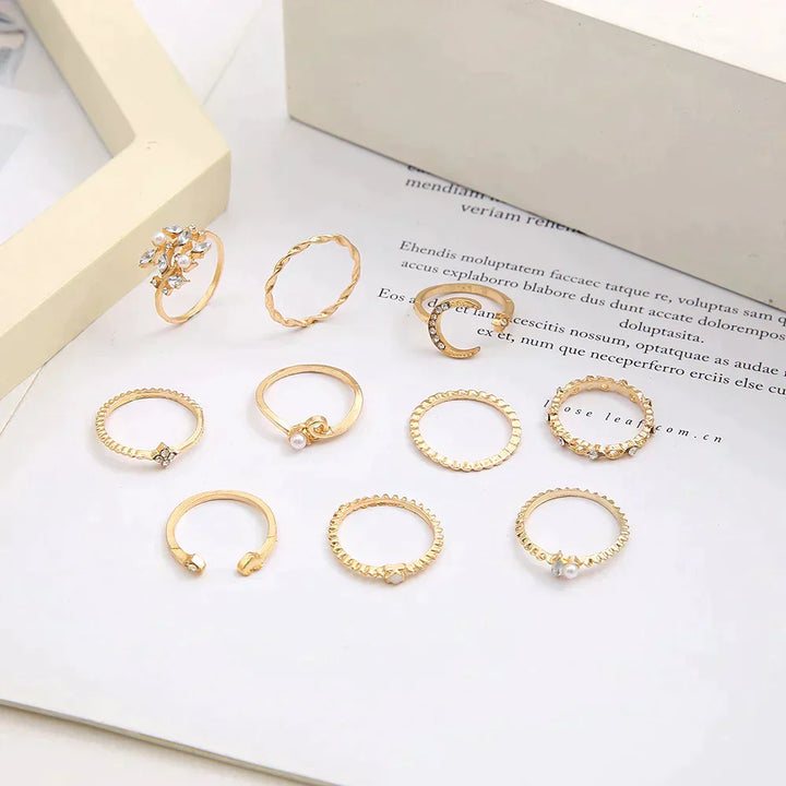 Pacchetto di 10 anelli in argento e oro placcato bohémien