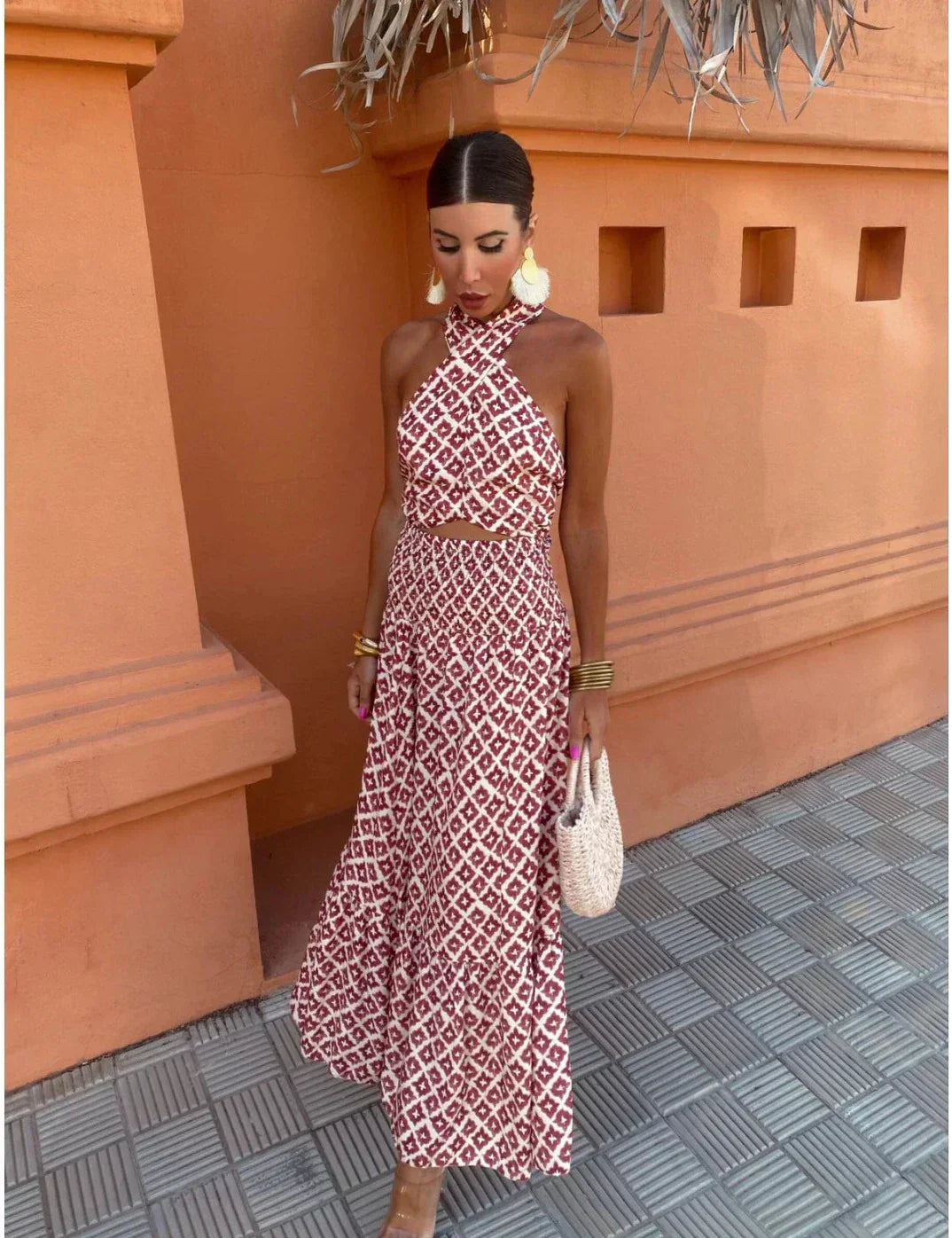 Mickay - Abito midi elegante con volant e senza spalle