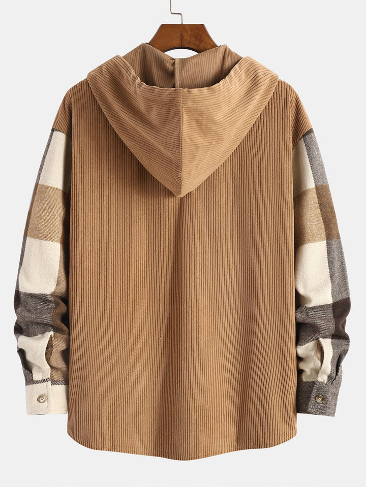 Camicia a maniche lunghe patchwork in flanella a quadri con cappuccio e pantaloni dritti in velluto a coste