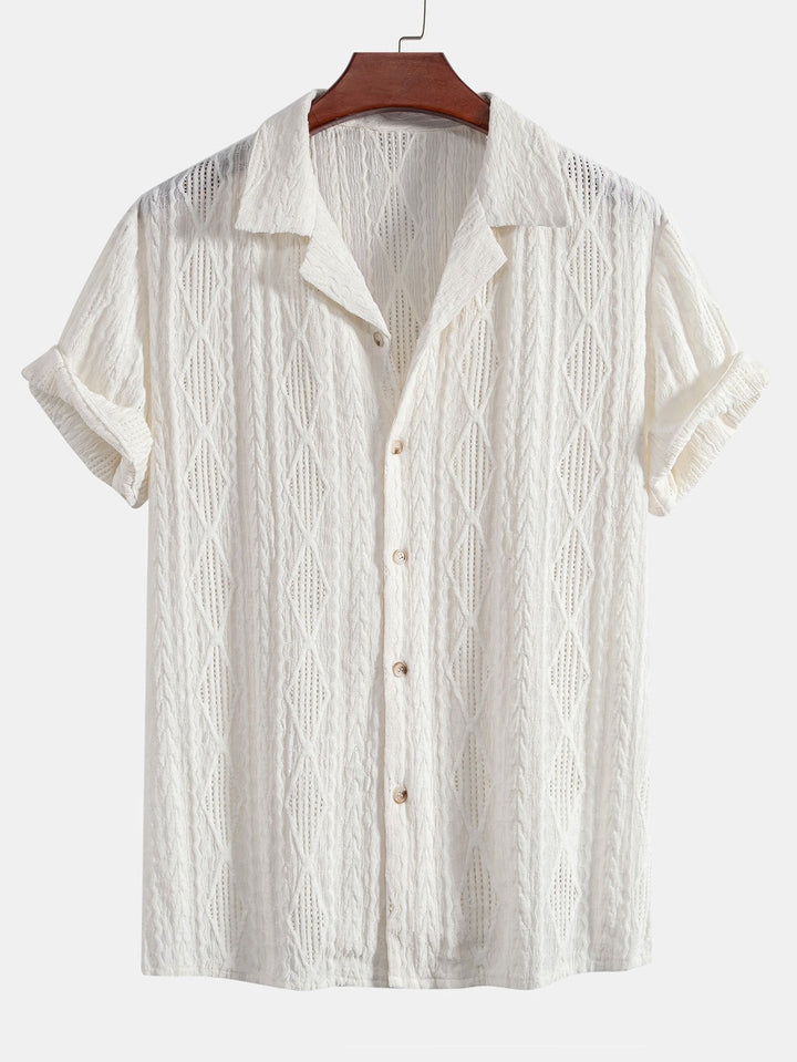 Camicia cubana in jacquard geometrico e pantaloni in lino a gamba dritta