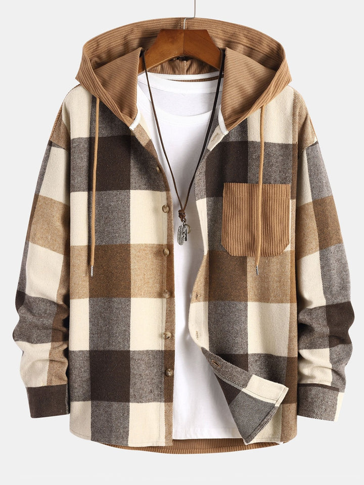 Camicia a maniche lunghe patchwork in flanella a quadri con cappuccio e pantaloni dritti in velluto a coste